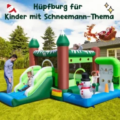 Aufblasbare Hüpfburg für Kinder mit Rutsche Bällebad Basketballkorb & Wurflöchern Spielparadies im Wintermotiv mit 735-W-Luftgebläse