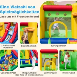 Aufblasbare Hüpfburg mit Doppelschlitten & 680W Gebläse & Ballpool & Basketball 385 x 325 x 230 cm
