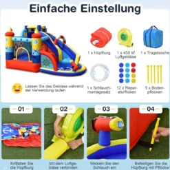 Aufblasbare Hüpfburg mit 550W Gebläse 6-in-1 Wasserpark mit Rutsche Planschbecken & Wasserkanone