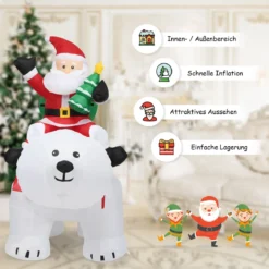 Aufblasbarer Eisbär & reitender Weihnachtsmann, Weihnachtsfigur mit LEDs, Weihnachtsdeko inkl. Gebläse & Zubehör 200cm