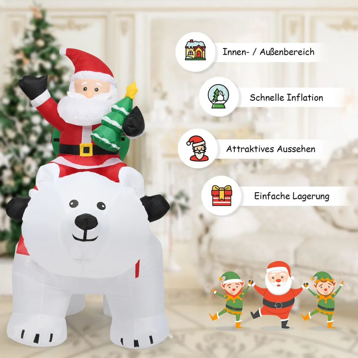 Aufblasbarer Eisbär & reitender Weihnachtsmann, Weihnachtsfigur mit LEDs, Weihnachtsdeko inkl. Gebläse & Zubehör 200cm