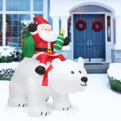 Aufblasbarer Eisbär & reitender Weihnachtsmann, Weihnachtsfigur mit LEDs, Weihnachtsdeko inkl. Gebläse & Zubehör 200cm
