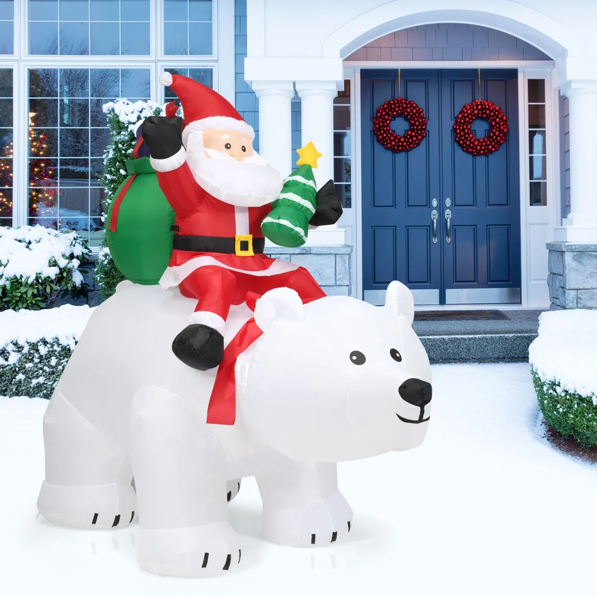 Aufblasbarer Eisbär & reitender Weihnachtsmann, Weihnachtsfigur mit LEDs, Weihnachtsdeko inkl. Gebläse & Zubehör 200cm