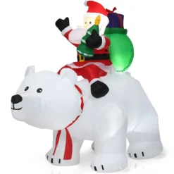 Aufblasbarer Eisbär & reitender Weihnachtsmann, Weihnachtsfigur mit LEDs, Weihnachtsdeko inkl. Gebläse & Zubehör 200cm