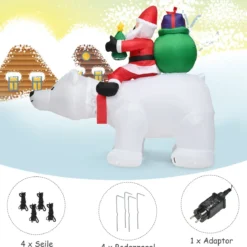 Aufblasbarer Eisbär & reitender Weihnachtsmann, Weihnachtsfigur mit LEDs, Weihnachtsdeko inkl. Gebläse & Zubehör 200cm