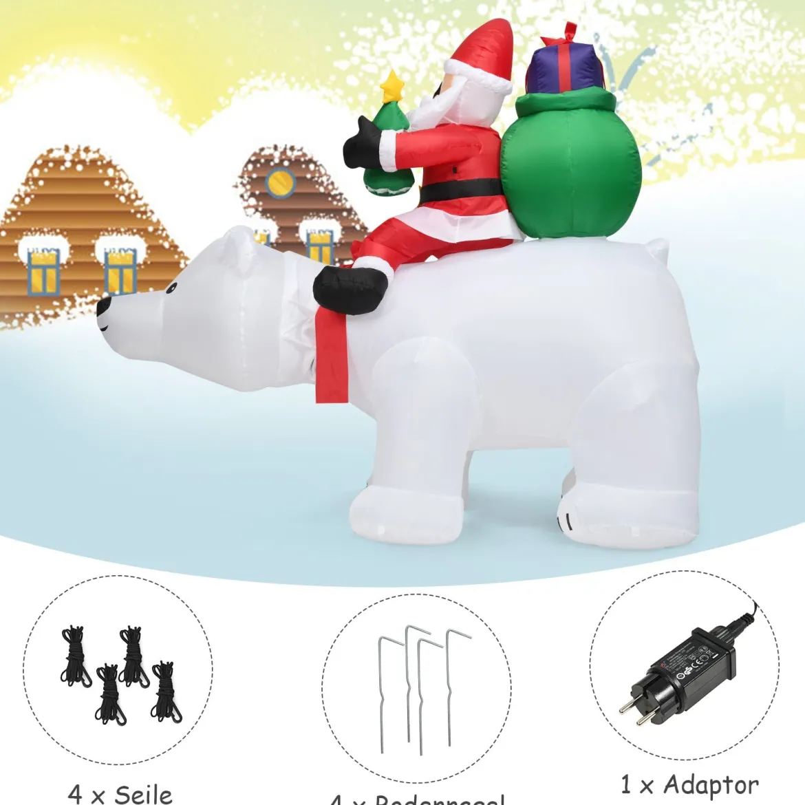 Aufblasbarer Eisbär & reitender Weihnachtsmann, Weihnachtsfigur mit LEDs, Weihnachtsdeko inkl. Gebläse & Zubehör 200cm