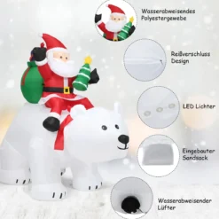 Aufblasbarer Eisbär & reitender Weihnachtsmann, Weihnachtsfigur mit LEDs, Weihnachtsdeko inkl. Gebläse & Zubehör 200cm