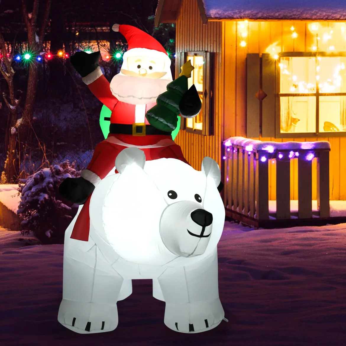 Aufblasbarer Eisbär & reitender Weihnachtsmann, Weihnachtsfigur mit LEDs, Weihnachtsdeko inkl. Gebläse & Zubehör 200cm