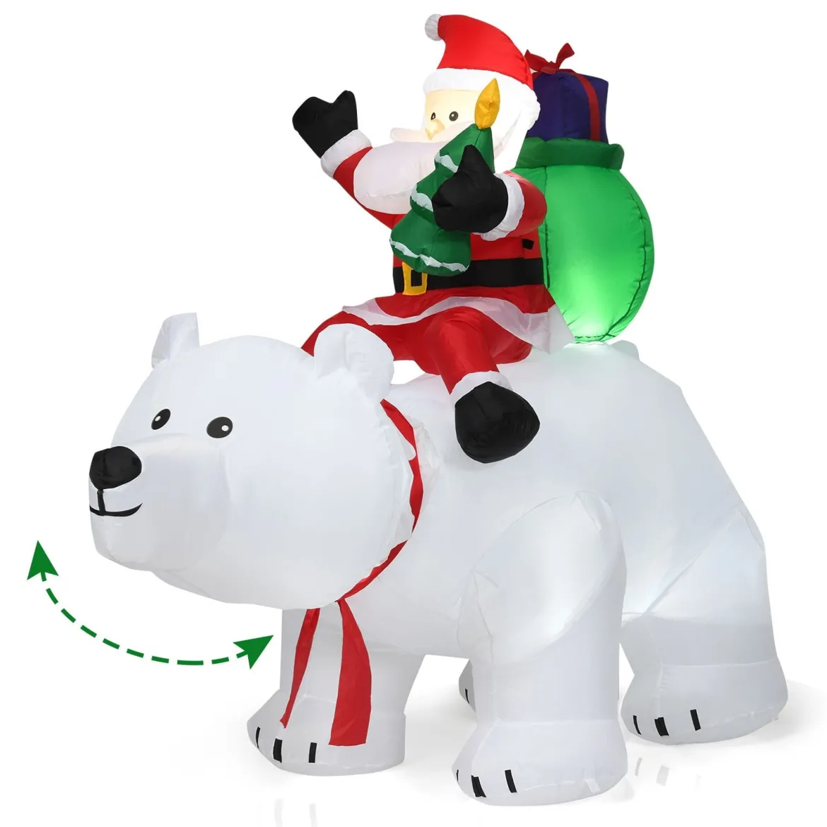 Aufblasbarer Eisbär & reitender Weihnachtsmann, Weihnachtsfigur mit LEDs, Weihnachtsdeko inkl. Gebläse & Zubehör 200cm