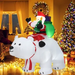 Aufblasbarer Eisbär & reitender Weihnachtsmann, Weihnachtsfigur mit LEDs, Weihnachtsdeko inkl. Gebläse & Zubehör 200cm