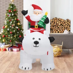 Aufblasbarer Eisbär & reitender Weihnachtsmann, Weihnachtsfigur mit LEDs, Weihnachtsdeko inkl. Gebläse & Zubehör 200cm
