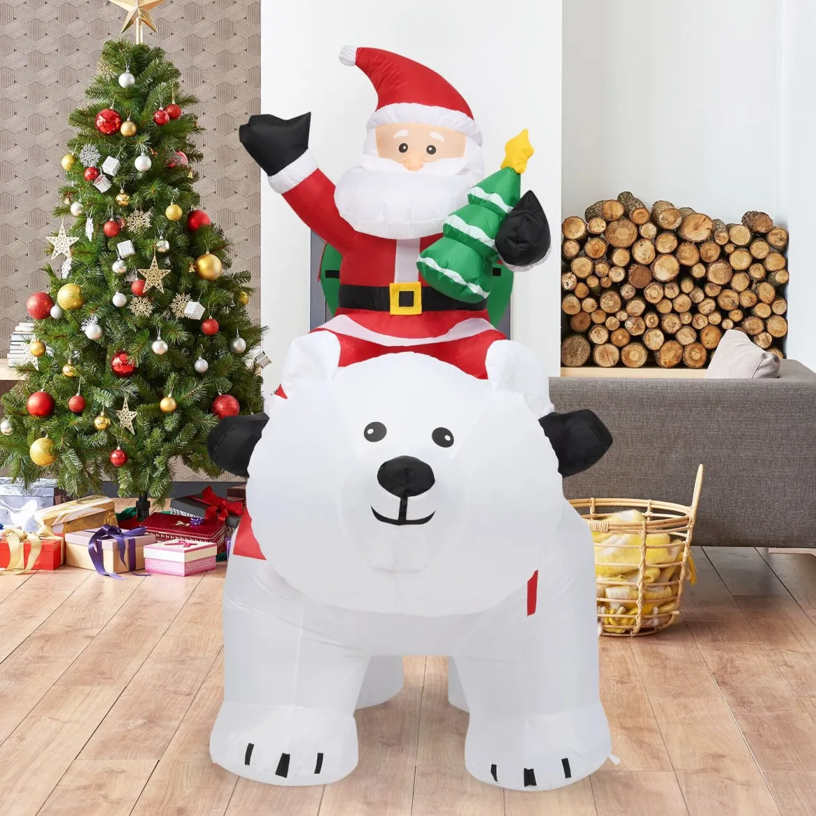 Aufblasbarer Eisbär & reitender Weihnachtsmann, Weihnachtsfigur mit LEDs, Weihnachtsdeko inkl. Gebläse & Zubehör 200cm