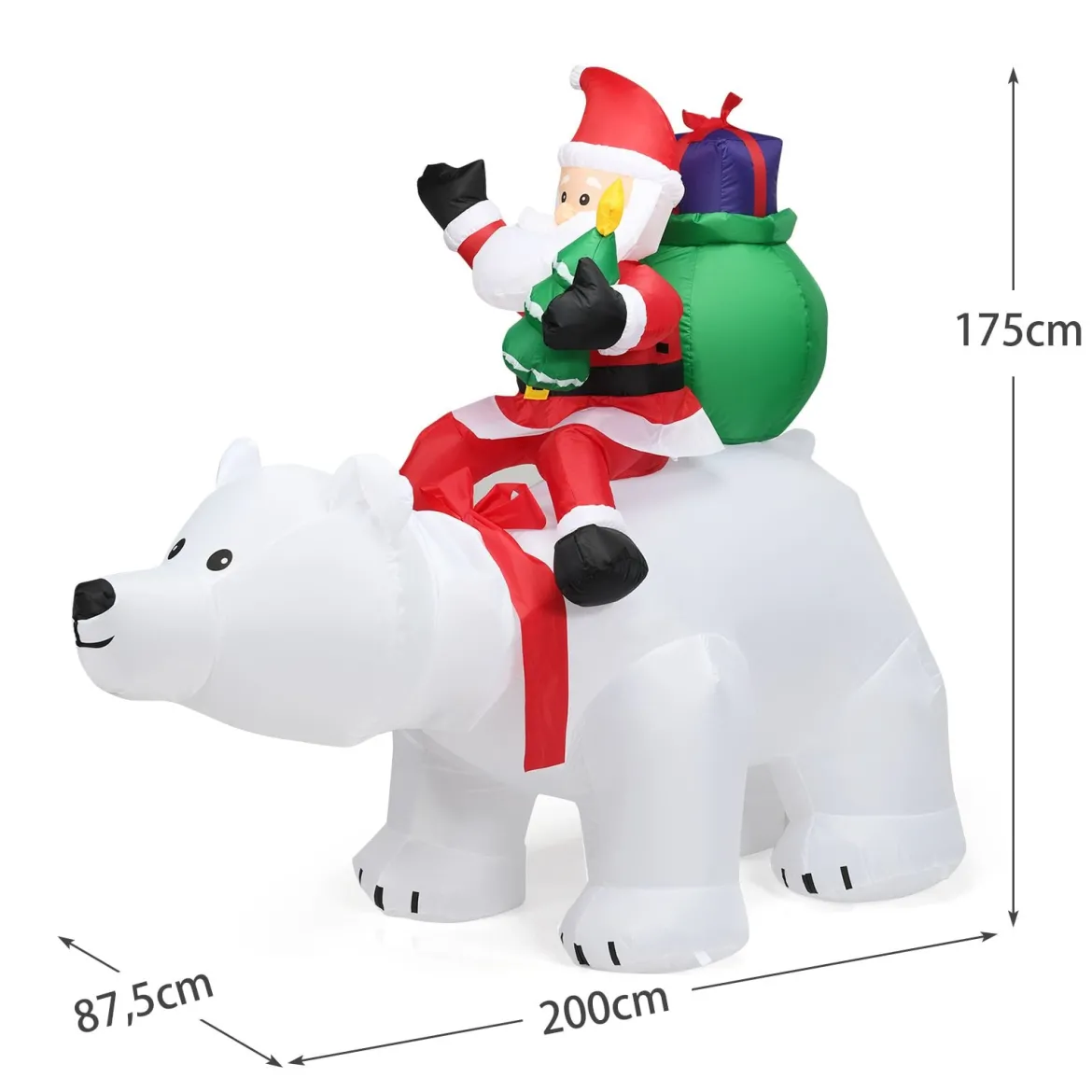 Aufblasbarer Eisbär & reitender Weihnachtsmann, Weihnachtsfigur mit LEDs, Weihnachtsdeko inkl. Gebläse & Zubehör 200cm