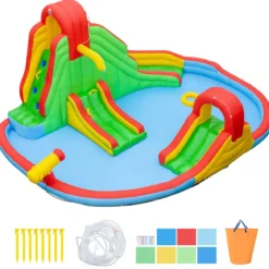 Aufblasbarer Hüpfburg Wasserpark Kinder mit 2 Wasserrutsche Planschbecken Kletterwand & Basketballkorb