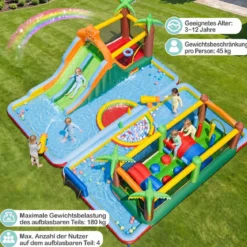 Aufblasbarer Wasserpark für Kinder Hüpfburg mit 2 Rutschen Sprungbereich Kletterwand & Ringwurfspiel