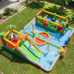 Aufblasbarer Wasserpark für Kinder Hüpfburg mit 2 Rutschen Sprungbereich Kletterwand & Ringwurfspiel