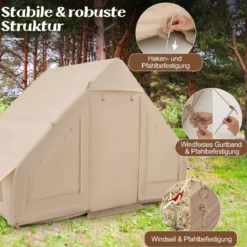 Aufblasbares Campingzelt aus Baumwolle für 4–6 Personen mit Pumpe & 7 Fenster Strandzelt