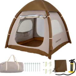 Aufblasbares Campingzelt für 2 - 4 Personen Wasserfestes Luftzelt mit Dachfenster 2 Türen & Netzfenstern