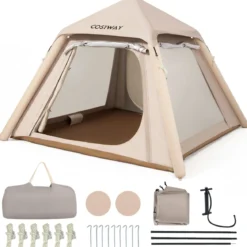 Aufblasbares Campingzelt für 2-4 Personen Luftzelt mit Abnehmbarem Vordach Meshfenster & 2 Türen