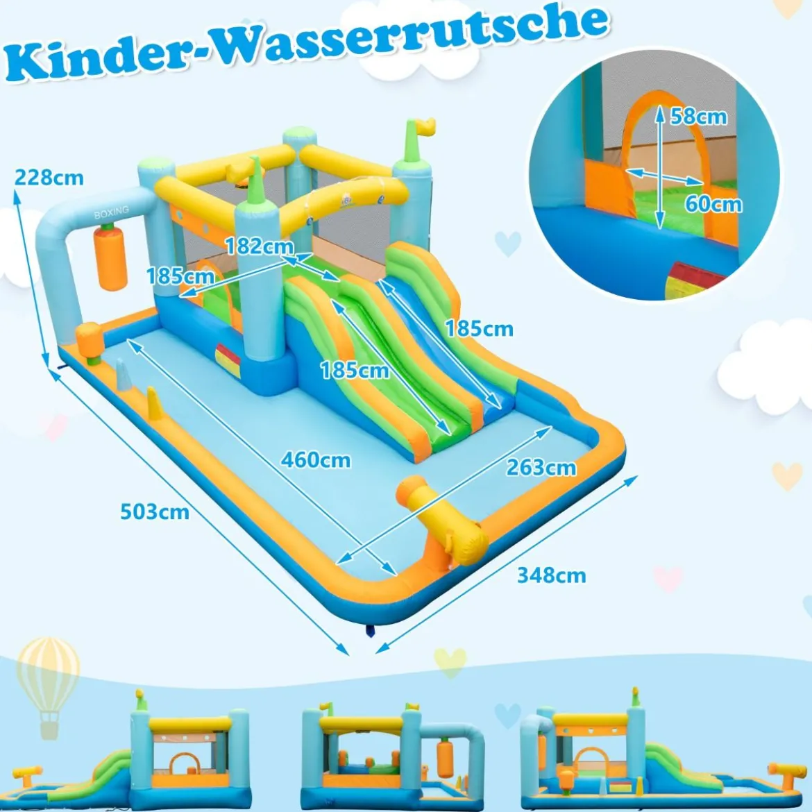 Aufblasbares Hüpfhaus mit Doppelschüssen & Spritzbecken & Wasserkanone & Boxsandsack Hüpfburgen