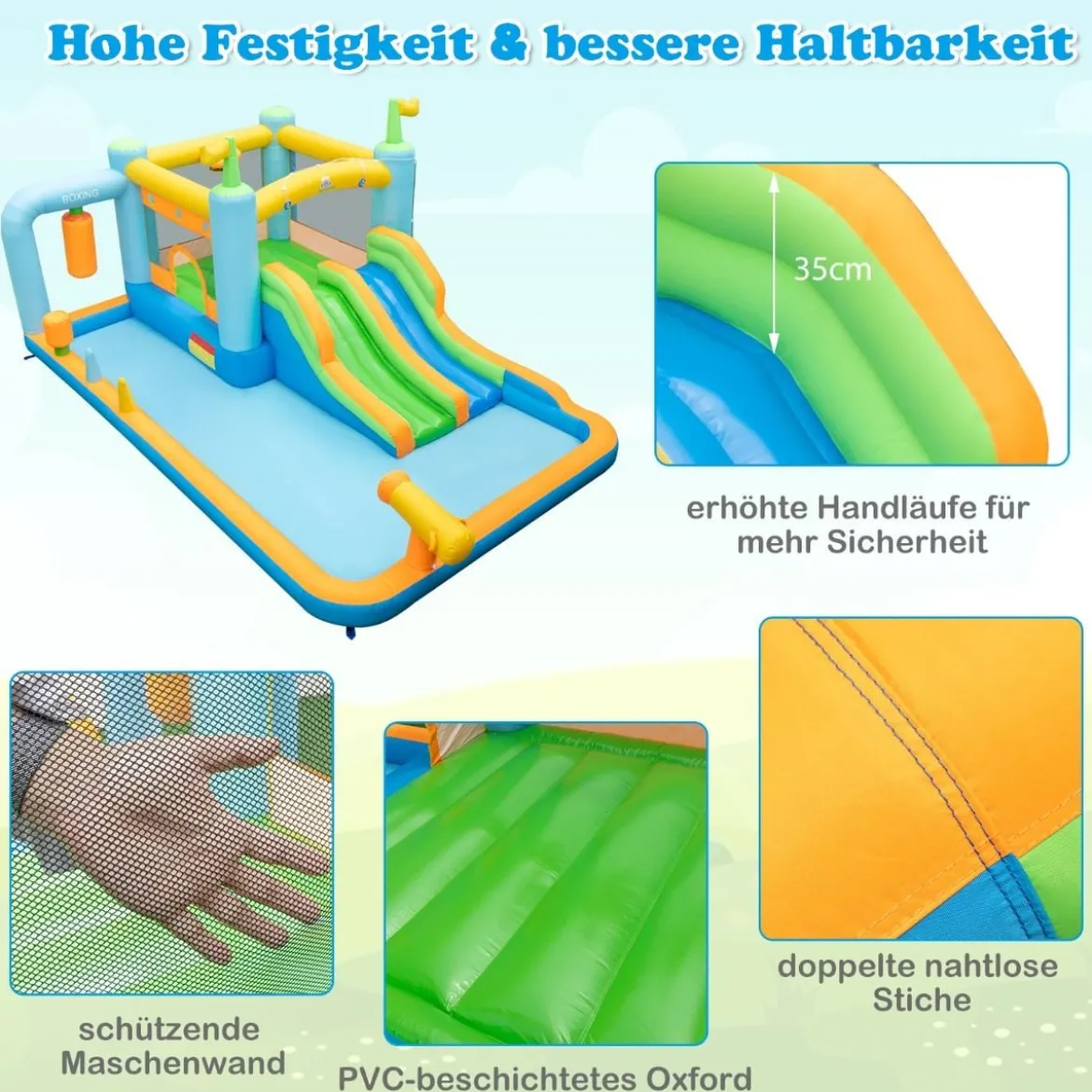 Aufblasbares Hüpfhaus mit Doppelschüssen & Spritzbecken & Wasserkanone & Boxsandsack Hüpfburgen