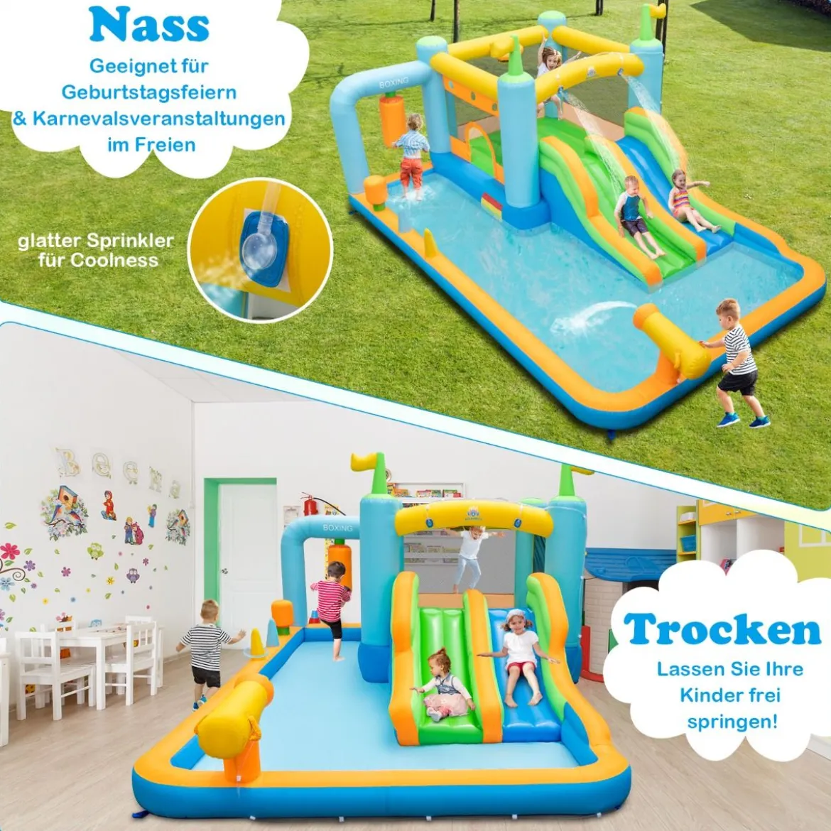 Aufblasbares Hüpfhaus mit Doppelschüssen & Spritzbecken & Wasserkanone & Boxsandsack Hüpfburgen