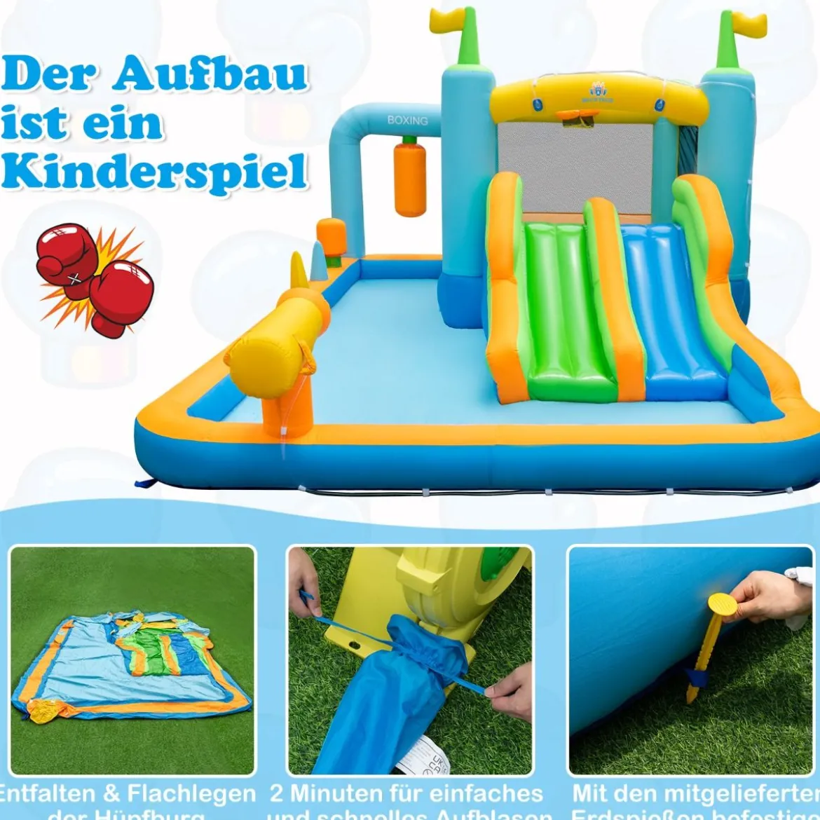 Aufblasbares Hüpfhaus mit Doppelschüssen & Spritzbecken & Wasserkanone & Boxsandsack Hüpfburgen