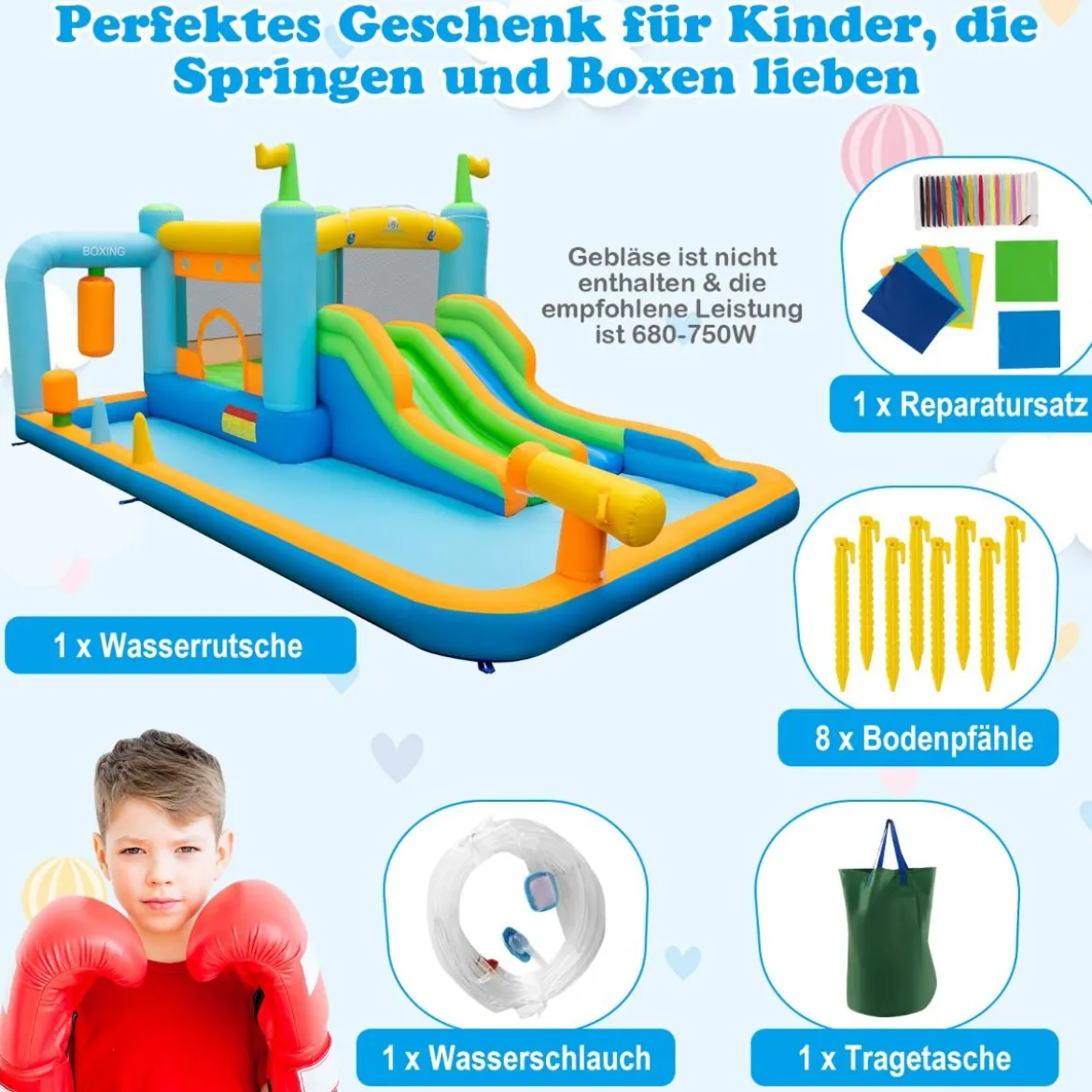 Aufblasbares Hüpfhaus mit Doppelschüssen & Spritzbecken & Wasserkanone & Boxsandsack Hüpfburgen