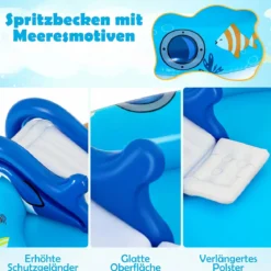 Aufblasbares Planschbecken Wasserspielzentrum mit Meeresmotiven und Haiförmiger Rutsche