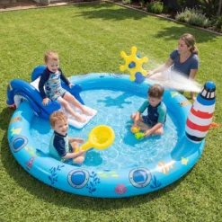 Aufblasbares Planschbecken Wasserspielzentrum mit Meeresmotiven und Haiförmiger Rutsche