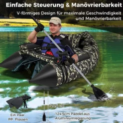 Aufblasbares Schlauchboot mit Flossen & Fischlineal & Rutenhalter Angelboot Camouflage