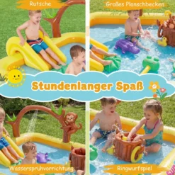 Aufblasbares Spielzentrum mit Rutsche Jungle Adventure Kinderpool mit Planschbecken Affe Sprinkler & Baumstumpf