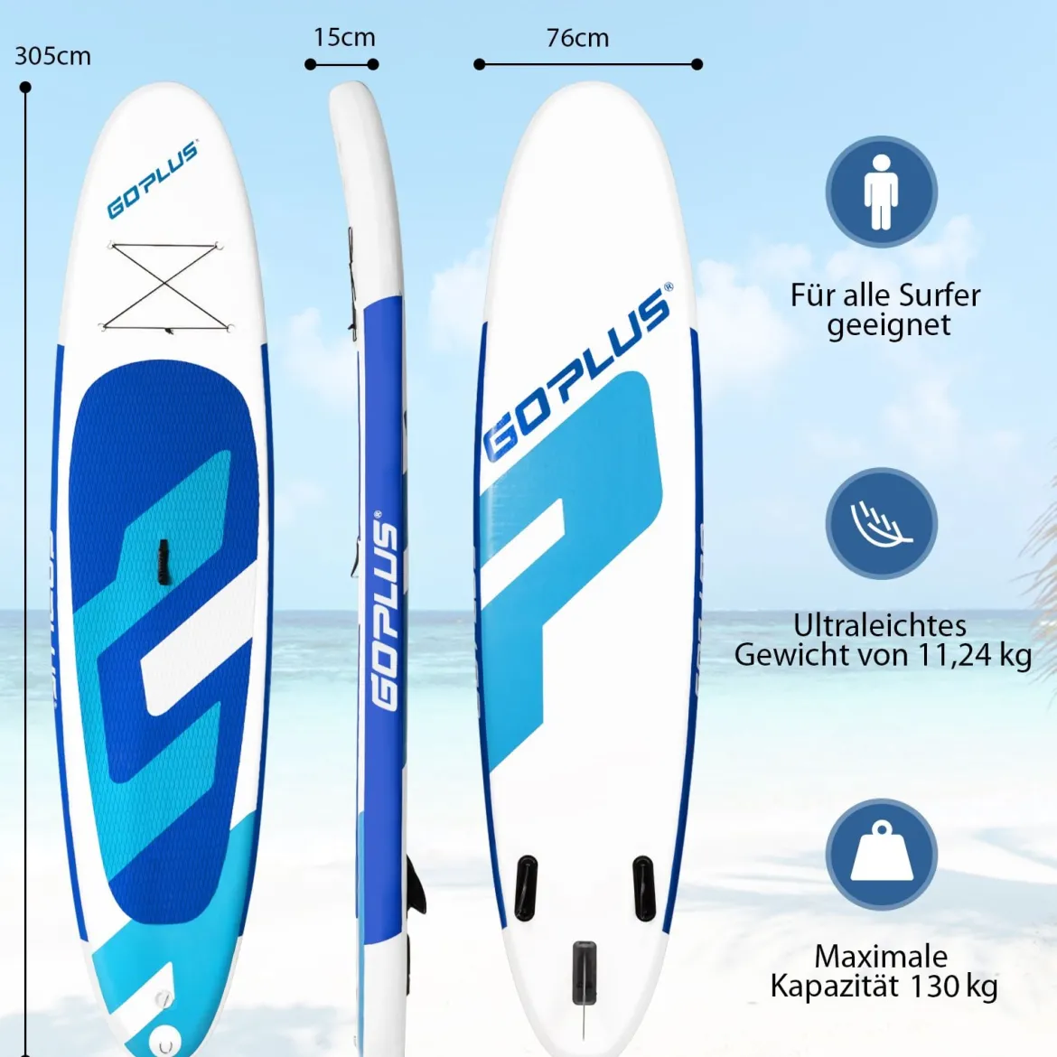 Aufblasbares Stand Up Board SUP Paddle Board mit Rucksack 305 x 76 x 15 cm Blau + Weiß