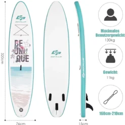 Aufblasbares Stand Up Paddle Board mit verstellbarem Aluminium-Paddel 320 x 76 x 15 cm Blau