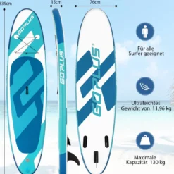 Aufblasbares Stand Up Paddle Board SUP mit rutschfeste Oberfläche 335 x 76 x 15 cm Blau + Weiß