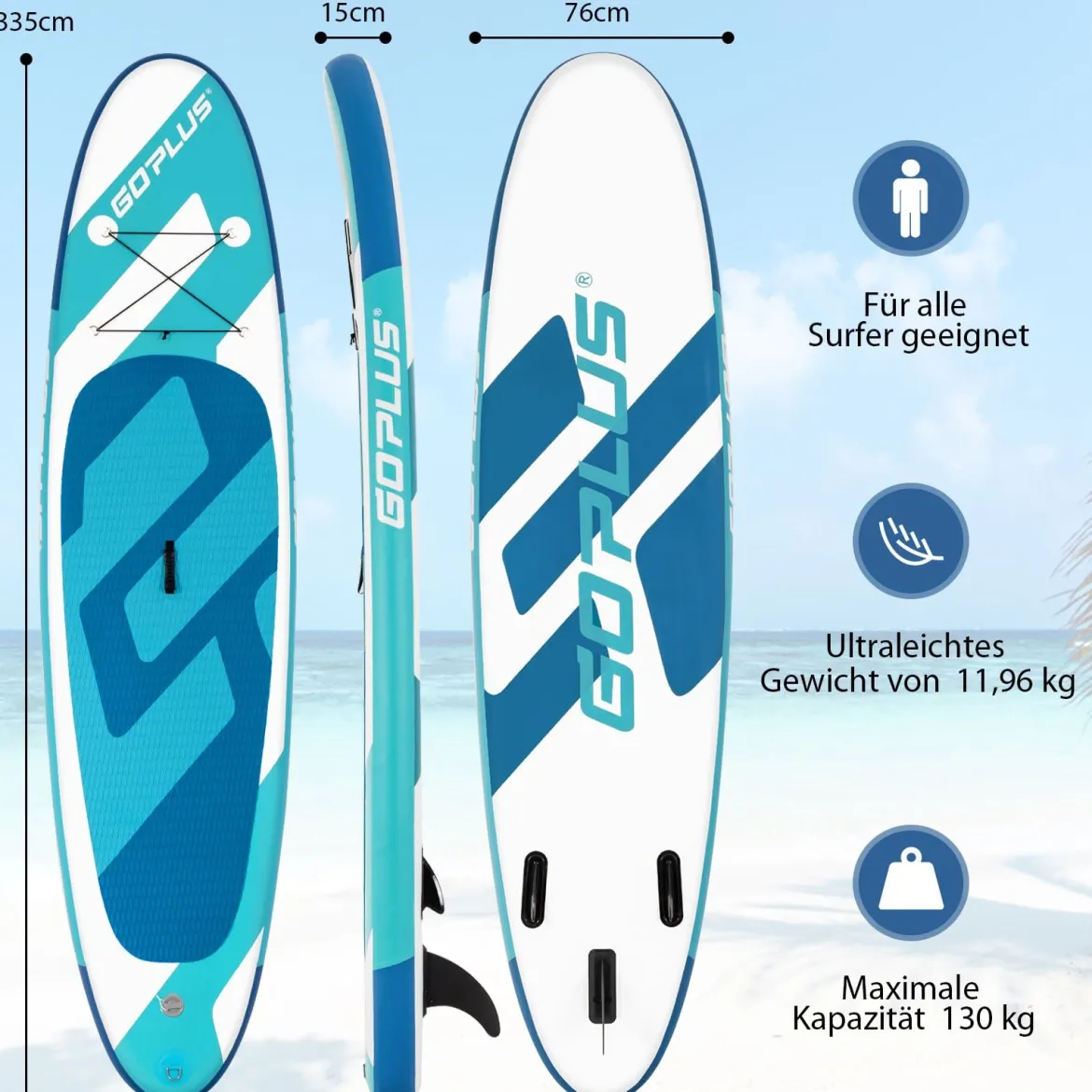 Aufblasbares Stand Up Paddle Board SUP mit rutschfeste Oberfläche 335 x 76 x 15 cm Blau + Weiß