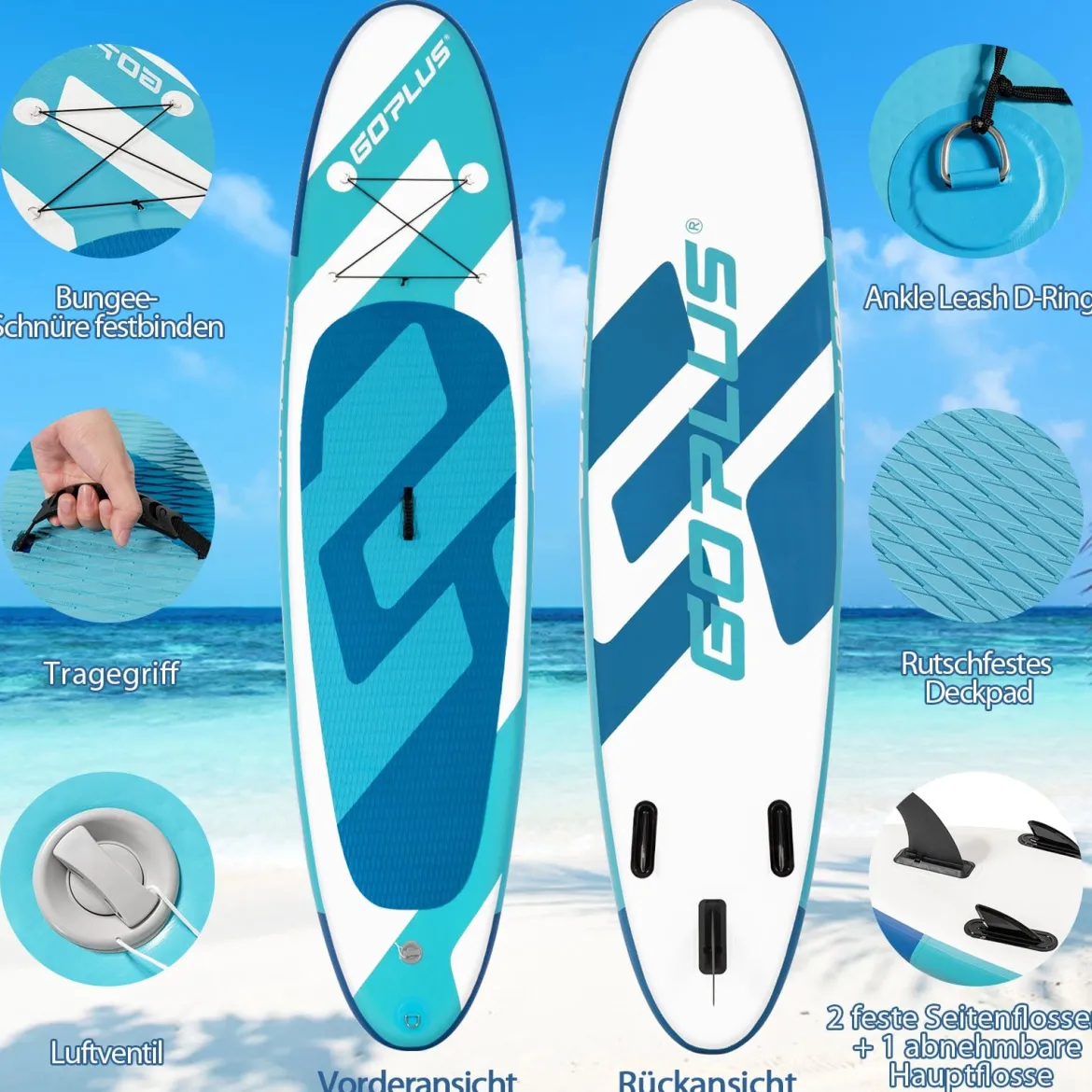 Aufblasbares Stand Up Paddle Board SUP mit rutschfeste Oberfläche 335 x 76 x 15 cm Blau + Weiß