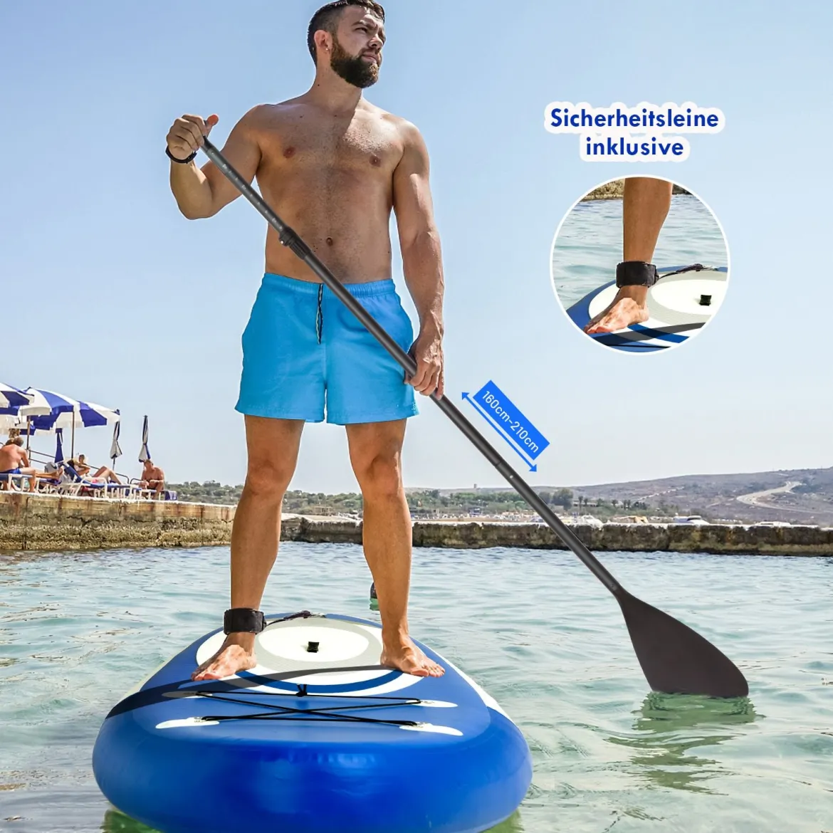 Aufblasbares Stand Up Paddle Board Extra breites rutschfestes Board 305 x 75 x 15 cm Blau + Weiß