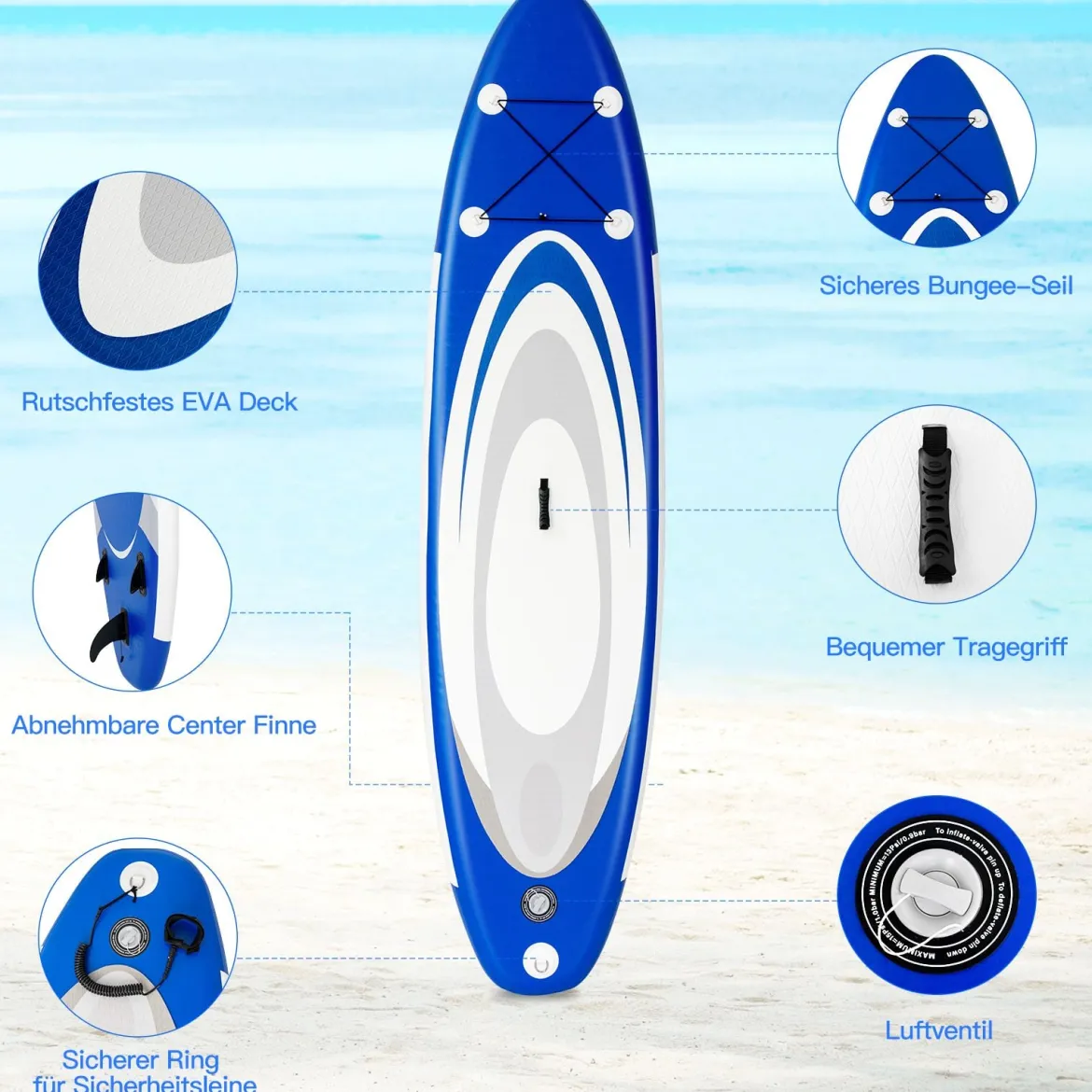 Aufblasbares Stand Up Paddle Board Extra breites rutschfestes Board 305 x 75 x 15 cm Blau + Weiß