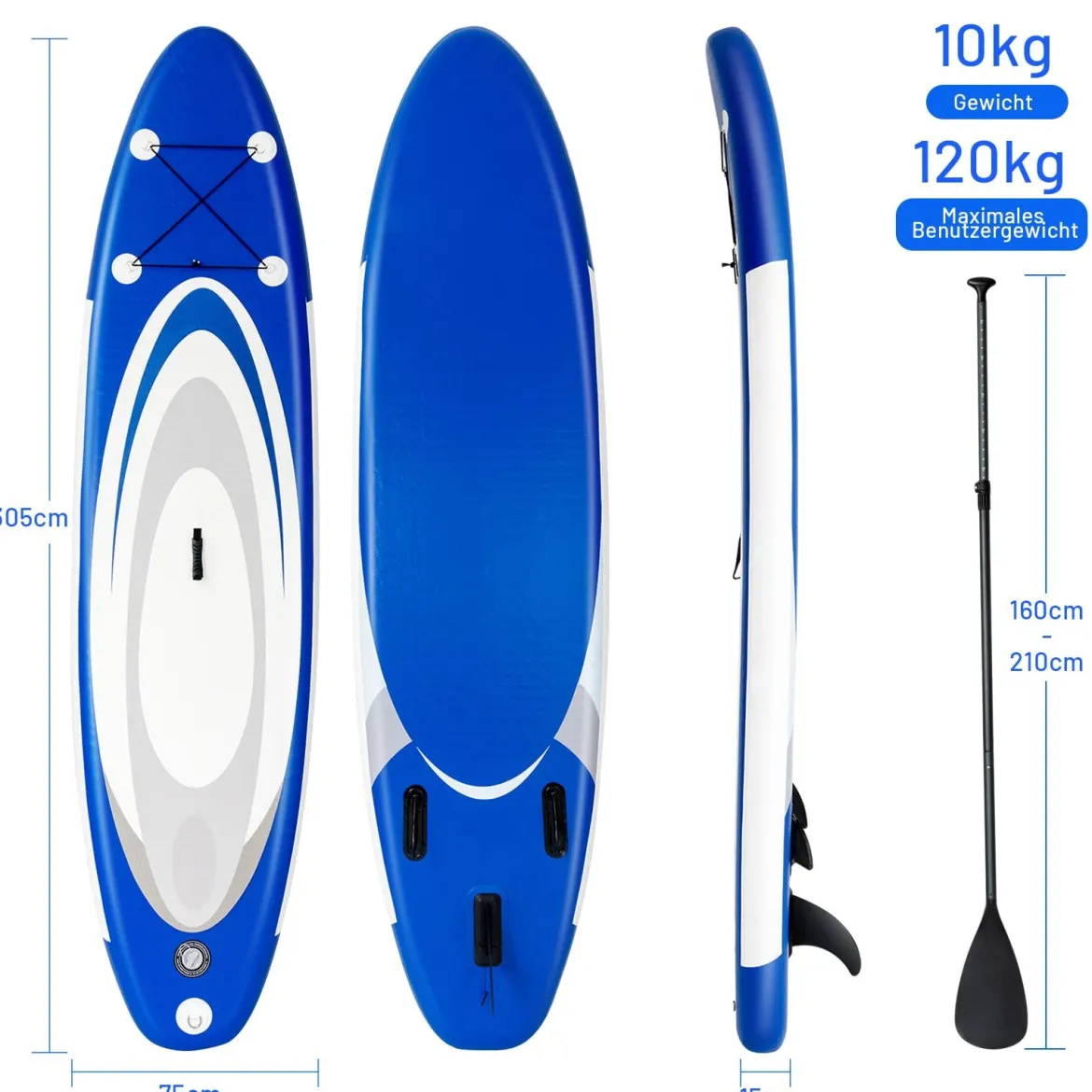 Aufblasbares Stand Up Paddle Board Extra breites rutschfestes Board 305 x 75 x 15 cm Blau + Weiß