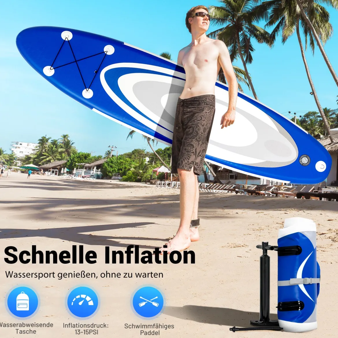 Aufblasbares Stand Up Paddle Board Extra breites rutschfestes Board 305 x 75 x 15 cm Blau + Weiß