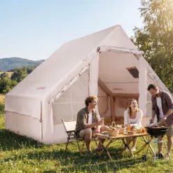 Aufblasbares Zelt mit Luftpumpe für 4 Personen Campingzelt mit 2 Türen Mesh-Fenstern & Kaminöffnung