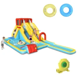 Aufblasbare Wasserrutsche mit Doppelrutsche & Kletterwand & Basketballkorb Hüpfburg Outdoor Wasserpark