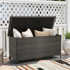 Auflagenbox mit Rollen & 320 L Kapazität Wasserdichte Polyrattan Kissenbox Braun