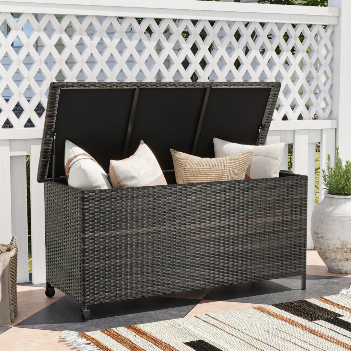 Auflagenbox mit Rollen & 320 L Kapazität Wasserdichte Polyrattan Kissenbox Braun
