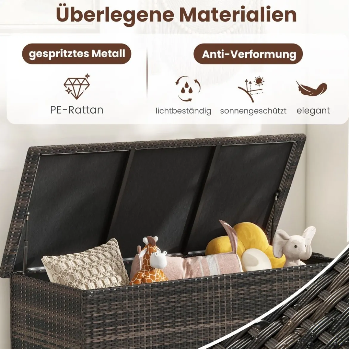 Auflagenbox mit Rollen & 320 L Kapazität Wasserdichte Polyrattan Kissenbox Braun