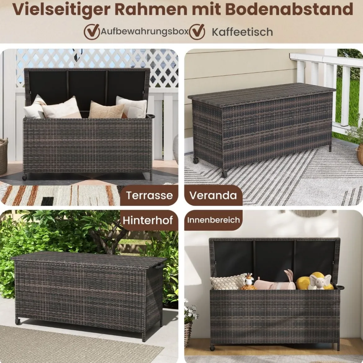 Auflagenbox mit Rollen & 320 L Kapazität Wasserdichte Polyrattan Kissenbox Braun