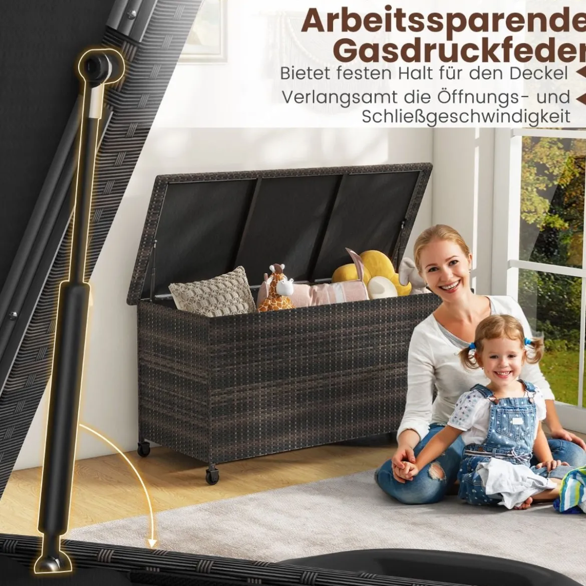 Auflagenbox mit Rollen & 320 L Kapazität Wasserdichte Polyrattan Kissenbox Braun