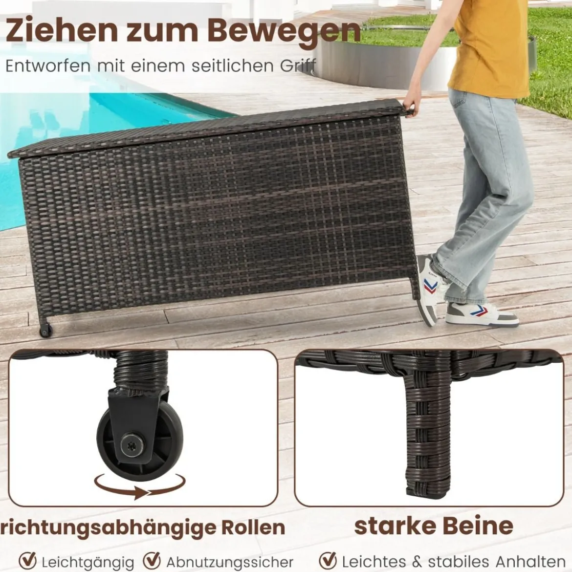 Auflagenbox mit Rollen & 320 L Kapazität Wasserdichte Polyrattan Kissenbox Braun