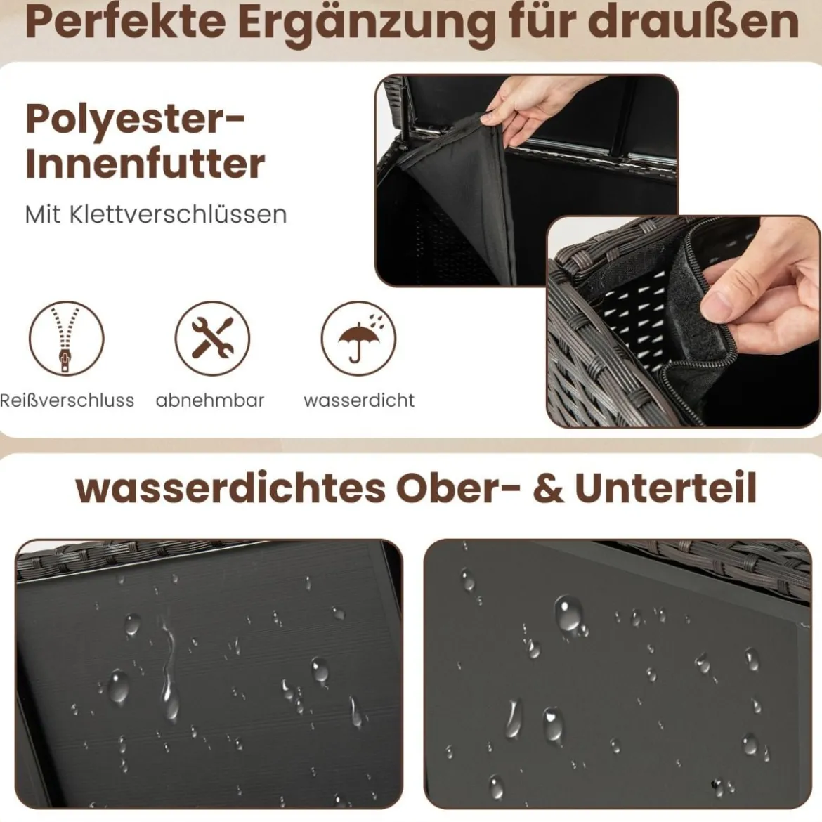 Auflagenbox mit Rollen & 320 L Kapazität Wasserdichte Polyrattan Kissenbox Braun